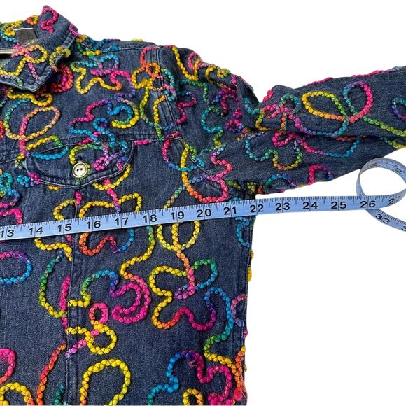 Chico’s Size 2 Y2K Rainbow Tie Dye Yarn Embroidered Floral Denim Jean Jacket L - Picture 6 of 7